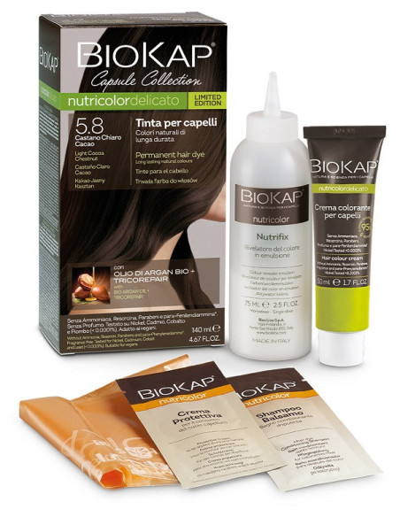 N. 5.8 CASTANO CHIARO CACAO - TINTA PER CAPELLI BIOKAP NUTRICOLOR DELICATO - LIMITED EDITION N. 5.8 CASTANO CHIARO CACAO - TINTA PER CAPELLI BIOKAP NUTRICOLOR DELICATO - LIMITED EDITION