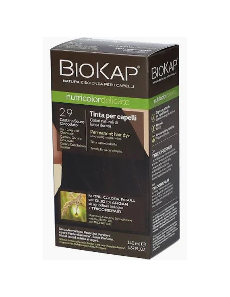 N. 2,9 CASTANO SCURO CIOCCOLATO - TINTA PER CAPELLI BIOKAP NUTRICOLOR DELICATO N. 2,9 CASTANO SCURO CIOCCOLATO - TINTA PER CAPELLI BIOKAP NUTRICOLOR DELICATO