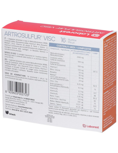 ARTROSULFUR VISC ARTICOLAZIONI 16 BUSTINE DA 6 G ARTROSULFUR VISC ARTICOLAZIONI 16 BUSTINE DA 6 G