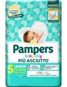PAMPERS BABY DRY PANNOLINO TAGLIA 5 JUNIOR 11-25 KG 16 PEZZI